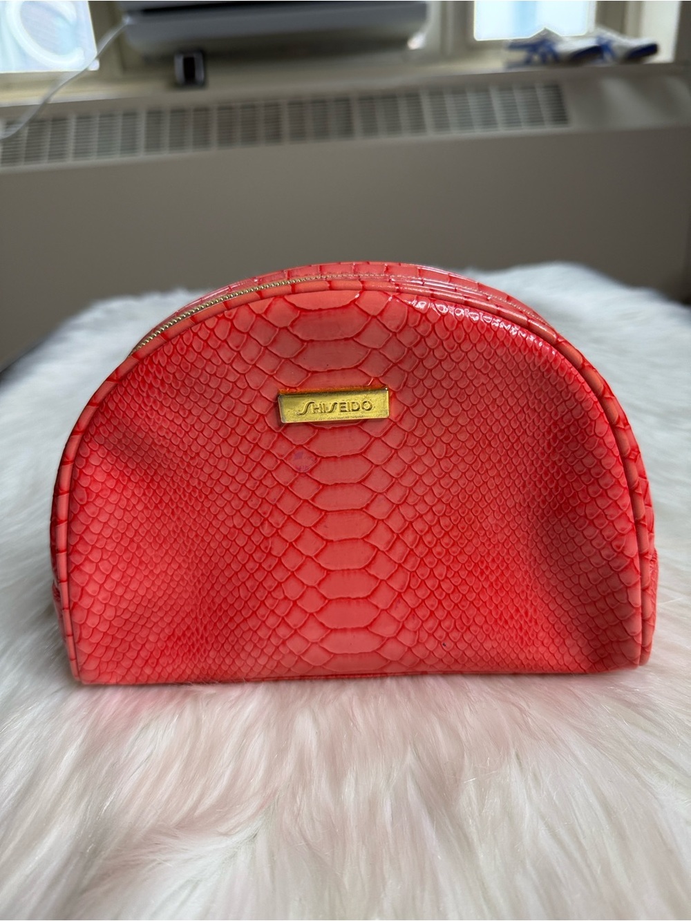 Shiseido Coral Red Faux Snakeskin Cosmetics Bag